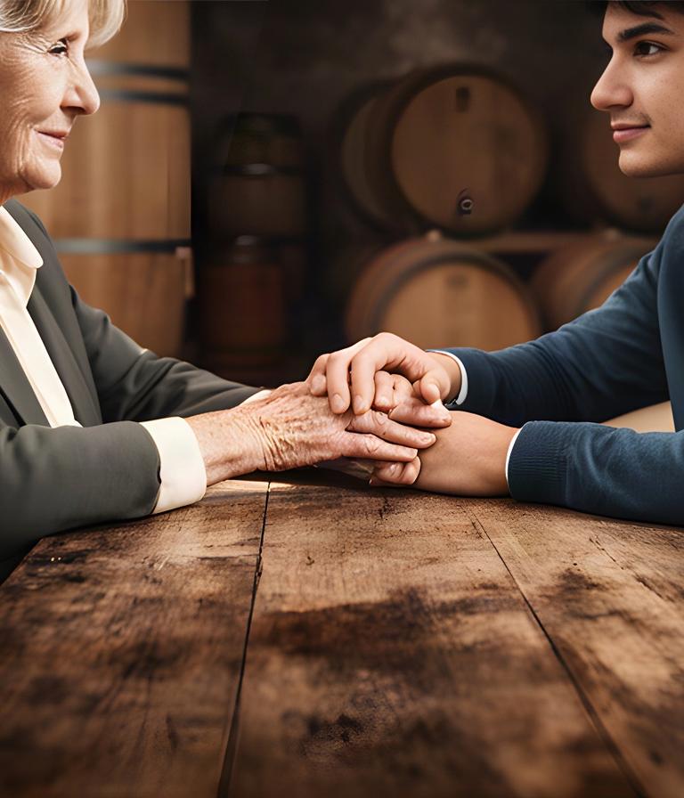 Manos de una empresaria mayor y un joven sucesor sobre una mesa de trabajo de madera en una bodega familiar del Penedès