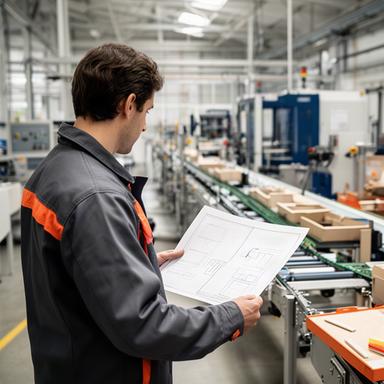 Ingeniero industrial observando una línea de producción con planos de procesos